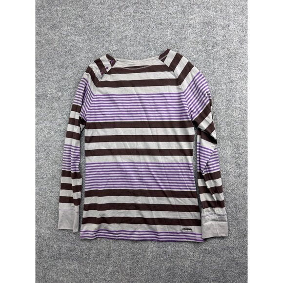 Patagonia Top Women's M Brown Purple Stripe Long Sleeve Button Shoulder Raglan - Picture 1 of 6